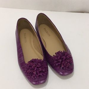 Talbots Purple Stella Pom Pom Flats Embossed Croc Leather Size 7.5 M
